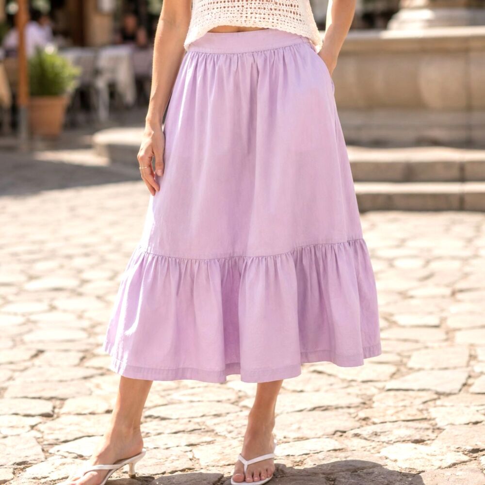 Lilac Cotton Poplin Tier Skirt M Elastic Stretch Ruffled Pockets Lavender Purple